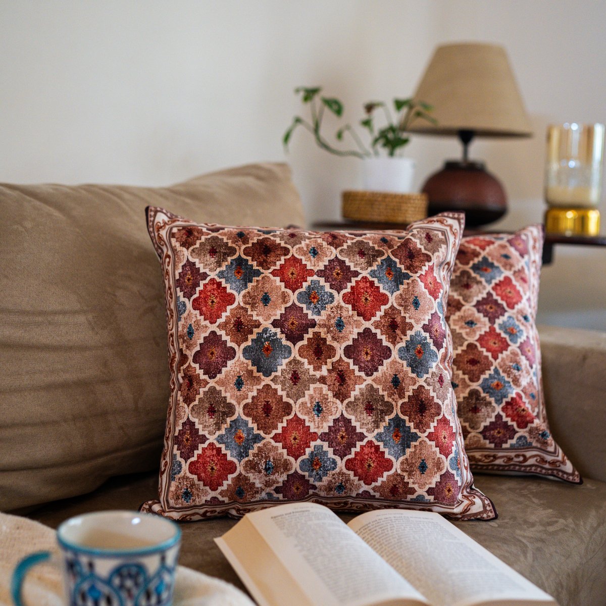 Motif Gold Cushion Cover, 16" x 16", Pack of 2 - Coral Slub -